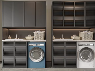 Double Modern Bathroom Vanity Cabinet with Shutter Door Design Washing Machine Basket Storage and Sink 3d model