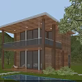 Two Story Wooden House With Large Glass Windows Balcony Green Trees And Swimming Pool