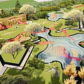 Park Landscape With Curved Water Features Play Areas And Lush Greenery
