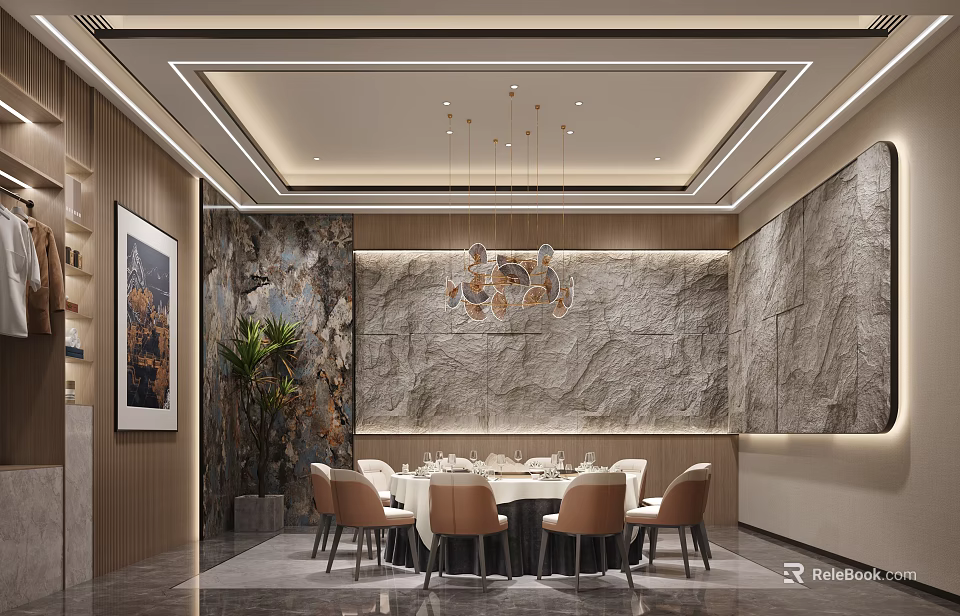 Elegant Private Dining Room with Round Table Stone Wall and Pendant Lights 3d model