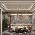 Elegant Private Dining Room with Round Table Stone Wall and Pendant Lights 3d model