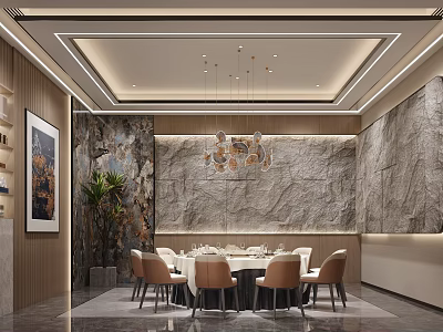 Elegant Private Dining Room with Round Table Stone Wall and Pendant Lights 3d model
