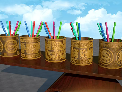 Brown Decorative Pen Holders With Gold Patterns Holding Colorful Pens On Wooden Shelf 3d model