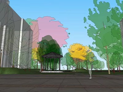 Residential Landscape With Serene Pavilion And Colorful Trees In Paved Square 3d model