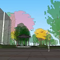 Residential Landscape With Serene Pavilion And Colorful Trees In Paved Square