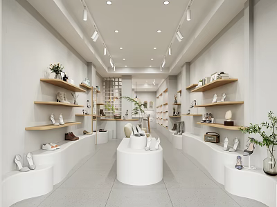 Modern Boutique Store With Wooden Shelves White Round Display And Green Plants Decoration 3d model