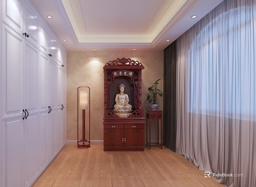 Zen Religious Faith Room Interior With Buddhist Shrine Buddha Statue And Cabinets 3d model 