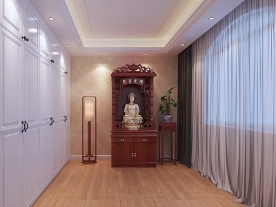 Zen Religious Faith Room Interior With Buddhist Shrine Buddha Statue And Cabinets 3d model