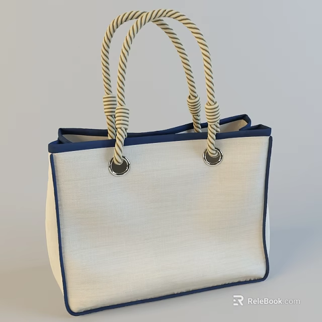 Off White Canvas Tote Bag with Blue Trim Rope Handles and Metal Clasps 3d model 
