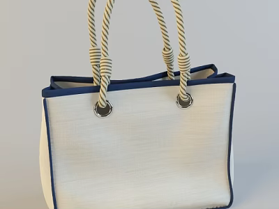 Off White Canvas Tote Bag with Blue Trim Rope Handles and Metal Clasps 3d model
