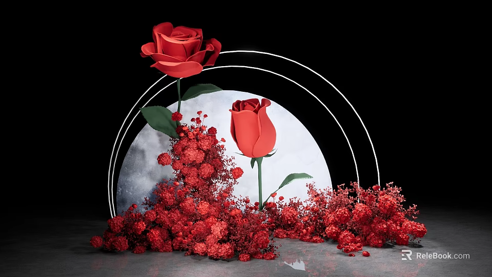Beautiful Floral Display With Red Roses Red Flowers And Arched Frame On Circular Background 3d model 