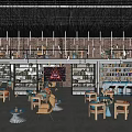 Stylish Bar Interior With Brick Wall Bookshelves Large Screen Fireworks Display And Ceiling Decorations