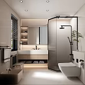Modern Warm Beige Bathroom Interior Design With Window Blinds Glass Shower Partition And Storage Cabinets