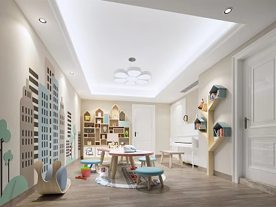 Modern Kindergarten Interior Design With City Building Wall Decor Colorful Bookshelves And Play Tables 3d model
