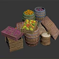 Fresh Orange Red Green Fruits in Wooden Barrels Crates with Sacks and Salt Bags
