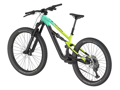 Modern Turquoise and Yellow Mountain Bike With Full Suspension Frame Design And Wide Tires 3d model