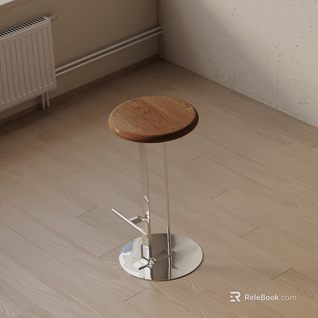 Modern Bar Stool Featuring Wooden Round Seat And Metal Frame On Wooden Floor 3d model 