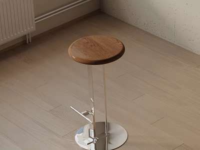 Modern Bar Stool Featuring Wooden Round Seat And Metal Frame On Wooden Floor 3d model