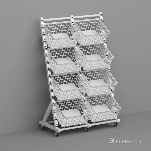 White Mobile Shelving Unit With Multiple Wire Storage Baskets And Wheels 3d model