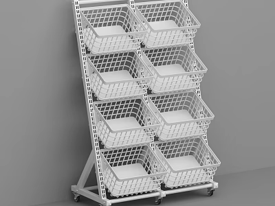 White Mobile Shelving Unit With Multiple Wire Storage Baskets And Wheels 3d model