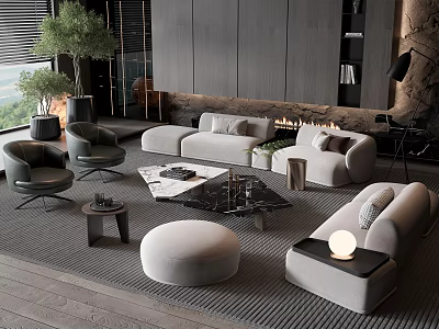 Modern Living Room Sofa and Coffee Table Set With Armchairs Area Rug and Decorative Accents 3d model