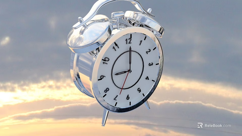 Silver Alarm Clock With White Dial And Black Numbers Against Sky Clouds Background 3d model 