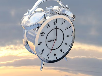 Silver Alarm Clock With White Dial And Black Numbers Against Sky Clouds Background 3d model