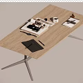 Modern Coffee Table Featuring Wooden Top Metal Legs Magazines Notebook Pen And Mug