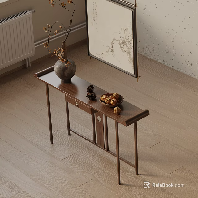Minimalist Modern Wooden Console Table And Side Cabinet With Vase Pine Cones And Decorations 3d model 