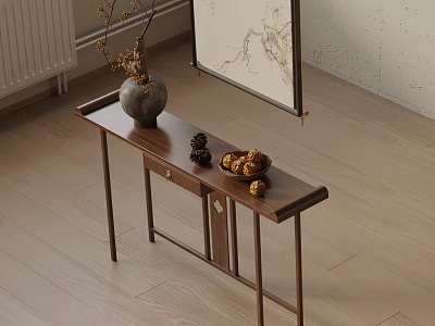 Minimalist Modern Wooden Console Table And Side Cabinet With Vase Pine Cones And Decorations 3d model