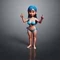 Woman with blue hair wearing blue bikini standing on gray background making OK gestures
