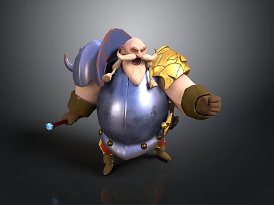 3D Fantasy Bearded Character Muscular Build Blue Armor Golden Shoulder Staff With Blue Gem 3d model