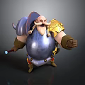 3D Fantasy Bearded Character Muscular Build Blue Armor Golden Shoulder Staff With Blue Gem
