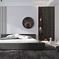 Minimalist Modern Bedroom Interior With Grey Bed Circular Art Dark Wooden Walls And Green Plants