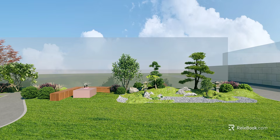 Serene Garden Landscape With Green Lawn Trees Stones Shrubs Wooden Railing And Pink Decorative Planter 3d model 