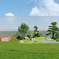 Serene Garden Landscape With Green Lawn Trees Stones Shrubs Wooden Railing And Pink Decorative Planter
