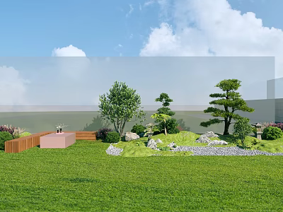 Serene Garden Landscape With Green Lawn Trees Stones Shrubs Wooden Railing And Pink Decorative Planter 3d model