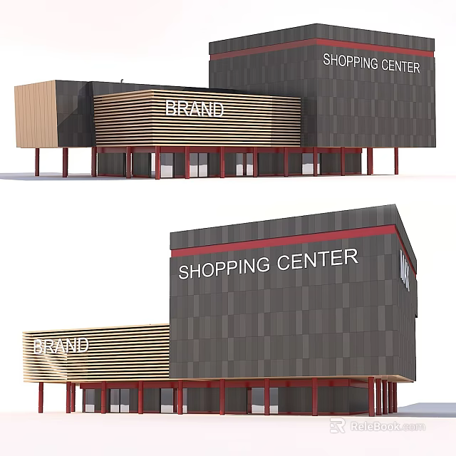 Modern Shopping Center With Brand Signage Red Pillars And Wooden Gray Panel Facade 3d model 