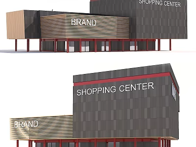 Modern Shopping Center With Brand Signage Red Pillars And Wooden Gray Panel Facade 3d model