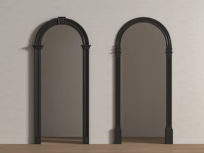 Elegant Black Arched Mirrors With Decorative Frames On Wooden Floor Against Light Colored Wall 3d model