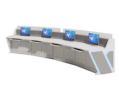 Light Colored Curved Functional Desk with Multiple Screens Storage Cabinets and Modern Tech Lines 3d model