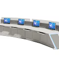 Light Colored Curved Functional Desk with Multiple Screens Storage Cabinets and Modern Tech Lines