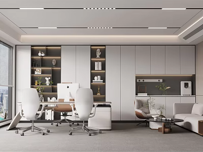 Modern Office Interior Design With Open Layout White Chairs Work Desk And Plants 3d model