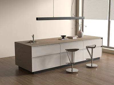 Modern Dining Table With Wooden Top Hanging Light And Bar Stools In Kitchen 3d model