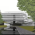 Modern School Building with White Contemporary Design Surrounded by Trees Reflection Pond and Stone Path