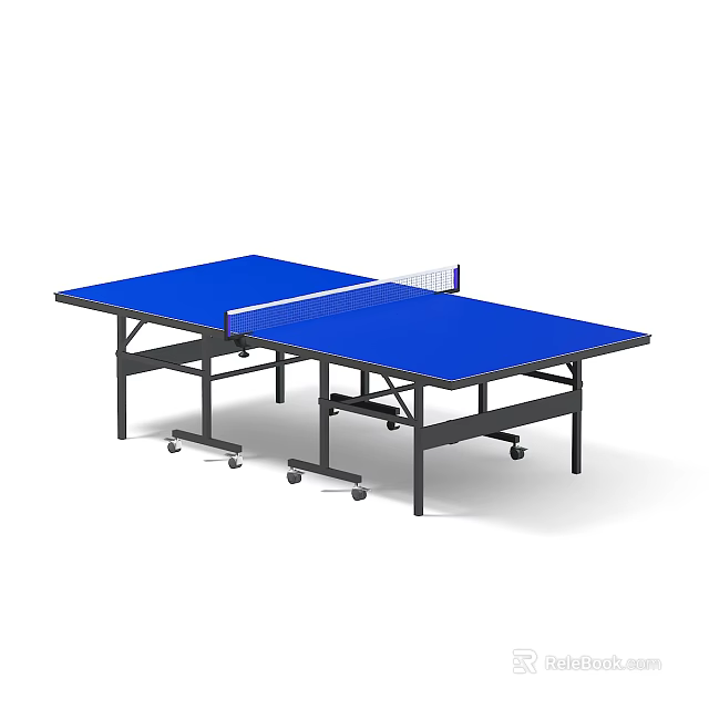 Portable Blue Ping Pong Table With Black Frame Wheels And Net For Sports 3d model 