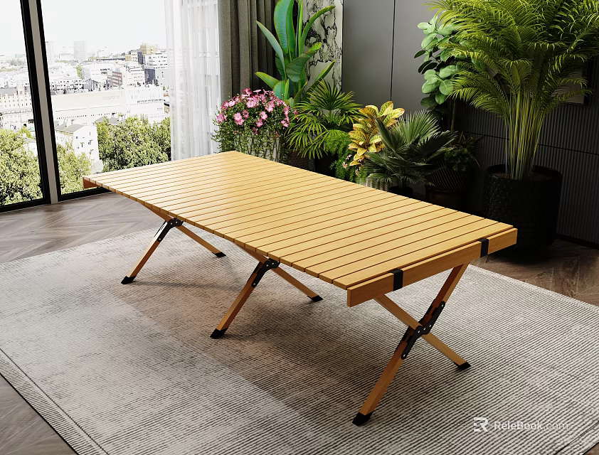 Wooden Folding Table In Modern Living Room With Plants 3d model 