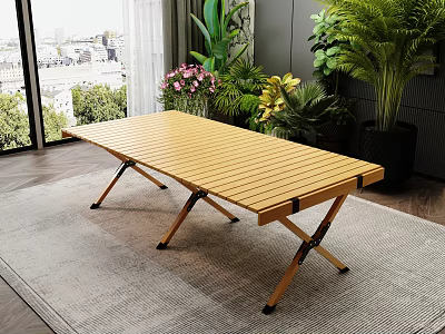 Wooden Folding Table In Modern Living Room With Plants 3d model