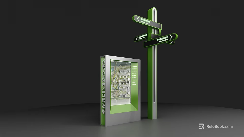 Green And Silver Outdoor Advertising Billboard With Directional Arrows Map Display And Signs 3d model 