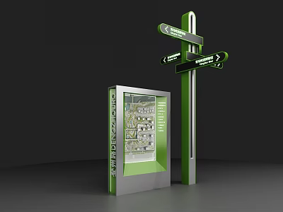 Green And Silver Outdoor Advertising Billboard With Directional Arrows Map Display And Signs 3d model